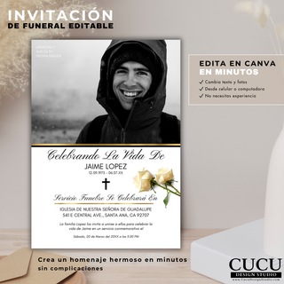 Plantilla de invitación de funeral editable con diseño limpio y moderno, personalizable en Canva, incluye espacio para foto y detalles del servicio, ideal para familias hispanas / Editable funeral invitation template with clean modern design, customizable in Canva, includes photo and service details, ideal for Spanish-speaking families