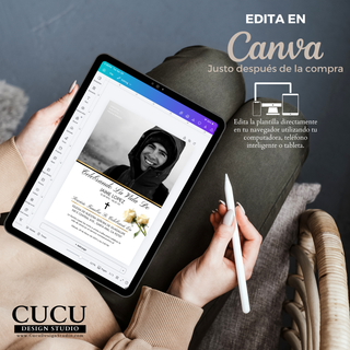 Plantilla de funeral siendo editada en Canva desde tablet, fácil de personalizar desde celular o computadora, descarga inmediata después de la compra / Funeral template being edited in Canva on tablet, easy to customize on phone or computer, instant download after purchase