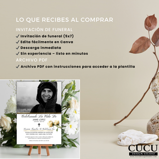 Lo que recibes al comprar plantilla de invitación de funeral 5x7 editable en Canva, descarga digital con instrucciones PDF, diseño fácil y rápido / What you receive with purchase, 5x7 funeral invitation Canva template, digital download with PDF instructions, easy and quick design