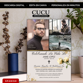 Invitación de funeral editable en Canva con diseño collage para hombre, incluye múltiples fotos, rosas blancas y detalles dorados elegantes, plantilla memorial en español tamaño 5x7 lista para personalizar y descargar al instante / Editable funeral invitation Canva template for men, collage layout with multiple photos, white roses and gold accents, elegant Spanish memorial card 5x7 instant download
