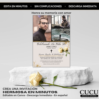 Invitación de funeral con diseño elegante presentada sobre base de piedra con rosa blanca, estilo minimalista con detalles dorados, plantilla editable en Canva en español, ideal para crear un homenaje hermoso en minutos / Elegant funeral invitation displayed on stone platform with white rose, minimal gold design, editable Canva template in Spanish, perfect to create a meaningful tribute in minutes