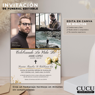 Plantilla de invitación de funeral en español con diseño moderno collage, sección de fotos personalizables y texto editable, fácil de usar en Canva sin experiencia, descarga inmediata para crear recuerdo especial / Spanish funeral invitation template with modern collage layout, customizable photos and text, easy Canva editing no experience needed, instant download to create a meaningful memory