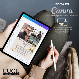 Plantilla de funeral editable en Canva mostrada en tablet, fácil edición desde celular o computadora, cambia fotos y texto en minutos, diseño elegante con rosas blancas y detalles dorados, descarga digital inmediata / Editable funeral template shown on tablet in Canva, easy to edit on phone or computer, customize photos and text in minutes, elegant white roses and gold accents, instant digital download