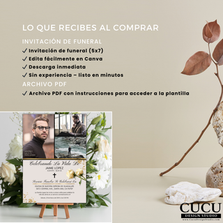 Lo que recibes al comprar plantilla de invitación de funeral 5x7 editable en Canva, incluye archivo PDF con instrucciones, descarga inmediata, diseño en español fácil de personalizar sin experiencia / What you receive Canva funeral invitation template 5x7, includes PDF instructions, instant download, Spanish design easy to customize no experience required