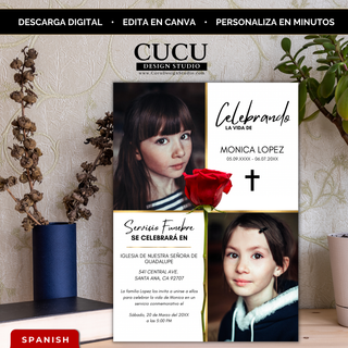 Plantilla de invitación de funeral editable en Canva con diseño tipo collage, incluye fotos múltiples, rosa roja elegante y cruz religiosa, estilo moderno y minimalista en español, ideal para homenajes con amor, descarga digital instantánea y fácil personalización / Editable funeral invitation template in Canva with photo collage layout, elegant red rose and religious cross, modern minimalist Spanish design, perfect for heartfelt memorial tributes, instant digital download and easy to customize