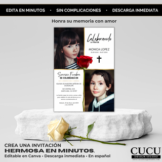 Invitación de funeral en maqueta elegante sobre base de piedra con rosa blanca, diseño con collage de fotos y rosa roja que transmite paz, amor y recuerdo, perfecta para honrar la vida de un ser querido, plantilla en español editable en Canva / Funeral invitation mockup displayed on stone platform with white rose, photo collage design with red rose creating a peaceful and loving tribute, perfect for honoring a loved one, Spanish Canva editable template