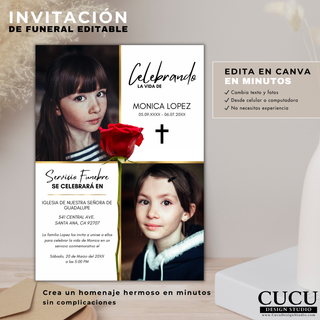 Invitación de funeral editable con diseño moderno en español, incluye fotos, rosa roja y detalles elegantes, perfecta para crear un homenaje significativo en minutos, plantilla digital fácil de usar en Canva sin experiencia / Editable funeral invitation with modern Spanish design, includes photos, red rose and elegant details, perfect for creating a meaningful tribute in minutes, easy-to-use Canva digital template no experience needed