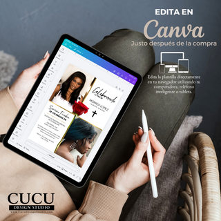 Plantilla de invitación de funeral editable en Canva mostrada en tablet, fácil de personalizar desde celular o computadora, agrega fotos y texto en minutos, diseño moderno en español con descarga inmediata / Funeral invitation Canva template shown on tablet, easy to edit from phone or computer, add photos and text in minutes, modern Spanish design with instant download access