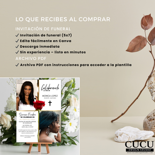 Contenido de compra de plantilla funeral incluye invitación 5x7 editable en Canva, descarga digital inmediata y archivo PDF con instrucciones, ideal para crear homenajes personalizados de forma rápida y sencilla / Purchase includes funeral invitation template 5x7 editable in Canva, instant digital download and PDF instructions file, perfect for creating personalized memorial tributes quickly and easily