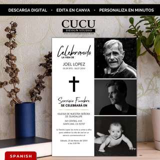 múltiples fotos del ser querido (adulto mayor, adulto joven y bebé) representando su vida, con cruz religiosa y texto en español, ideal para memoriales, servicios funerarios o celebraciones de vida, descarga digital instantánea fácil de personalizar / Editable funeral invitation Canva template in black and white, multi photo memorial design showing life stages, religious cross, Spanish text, instant download, easy to customize for funeral or celebration of life
