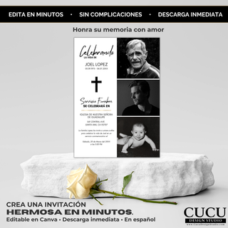 Plantilla de invitación memorial minimalista en Canva con estilo moderno en blanco y negro, presentación elegante sobre base con rosa blanca, perfecta para honrar la memoria con amor, incluye fotos familiares y detalles del servicio, lista para editar e imprimir o compartir digitalmente / Minimalist funeral invitation Canva template black and white, elegant memorial layout with white rose, multi photo design, perfect for honoring a loved one, easy to edit and download instantly for print or digital sharing