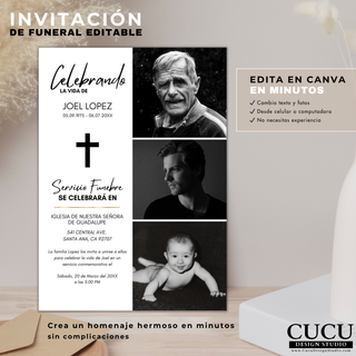 Invitación de funeral editable en español con diseño limpio y moderno, plantilla Canva con varias fotos en escala de grises, incluye sección de detalles del servicio, ideal para familias latinas que buscan un homenaje elegante, fácil de editar sin experiencia / Spanish funeral invitation template editable in Canva, modern clean black and white layout with multiple grayscale photos, service details included, perfect for Hispanic families, beginner friendly and quick to customize