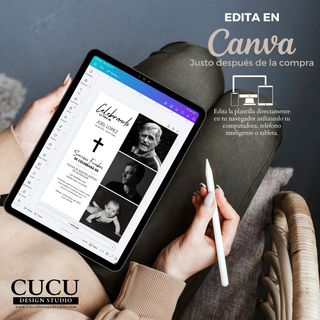 Plantilla Canva mostrada en tablet siendo editada, invitación de funeral digital con fotos y texto personalizable, accesible desde celular, computadora o tablet, ideal para crear un homenaje en minutos sin complicaciones, descarga inmediata / Canva funeral template displayed on tablet being edited, editable memorial invitation with photos and text, works on phone, tablet or computer, easy to use, instant download, no experience needed