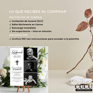 Lo que recibes al comprar plantilla de funeral Canva, incluye invitación 5x7 editable, descarga inmediata, archivo PDF con instrucciones, diseño elegante con múltiples fotos y estilo minimalista, perfecto para imprimir o compartir digitalmente / What you receive Canva funeral template, includes 5x7 editable invitation, instant download, PDF instructions, elegant multi photo memorial design, ready to print or share digitally