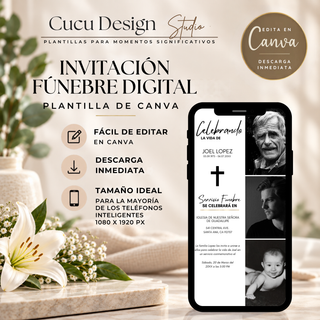 Plantilla de invitación fúnebre digital editable en Canva, diseñada para compartir desde el teléfono. Incluye un diseño elegante en blanco y negro, fotografías de recuerdo, información del servicio funerario y descarga inmediata.