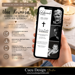 Invitación de funeral digital editable en Canva mostrada en un teléfono móvil. Diseño elegante para honrar y recordar a un ser querido, con opciones para personalizar texto, fotografías y colores y compartir fácilmente.