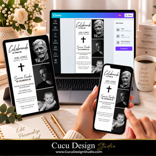 Plantilla de invitación fúnebre digital de Canva mostrada en teléfono, tableta y computadora. Diseño adaptable para crear, editar y descargar una invitación personalizada desde cualquier dispositivo.