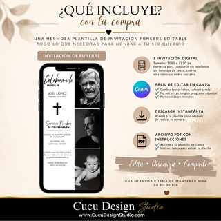 Qué incluye la plantilla de invitación fúnebre digital: diseño editable en Canva de 1080 x 1920 px, descarga instantánea, archivo PDF con instrucciones y plantilla lista para personalizar y compartir.