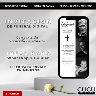 Invitación de funeral digital editable en Canva con diseño elegante en tonos beige y negro, formato móvil listo para enviar por WhatsApp / Editable digital funeral invitation in Canva, elegant beige and black design, mobile format ready to send via WhatsApp