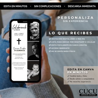 Invitación funeral digital para celular, diseño moderno con fotos y detalles del servicio, fácil de personalizar y compartir en minutos / Digital funeral invitation for mobile, modern layout with photos and service details, easy to customize and share in minutes