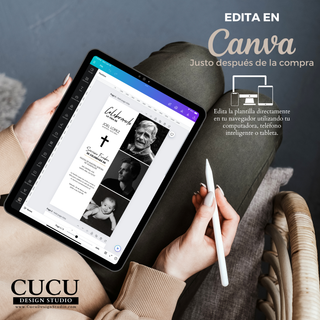 Plantilla de invitación funeral en Canva mostrando edición en tablet, diseño vertical 1080x1920 px editable desde celular o computadora / Canva funeral invitation template shown on tablet, vertical 1080x1920 px design editable on phone or computer