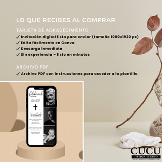 Invitación digital lista para enviar por WhatsApp, diseño elegante minimalista con espacio para fotos y texto personalizado / Digital invitation ready to send via WhatsApp, elegant minimalist design with space for photos and custom text