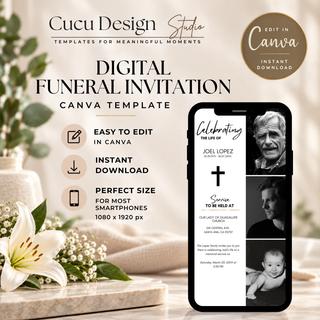 Digital funeral invitation Canva template preview shown on a smartphone mockup, with promotional text reading 'Digital Funeral Invitation Canva Template' and 'Edit in Canva Instant Download.' The design includes a cream background, black typography, a white flower, and a memorial invitation layout with photos and a cross.