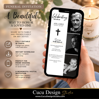 A hand holds a smartphone displaying a digital funeral invitation template with a black cross and portrait photos. The left side includes marketing text and icons for editing in Canva, instant download, phone sharing, and memorial use.