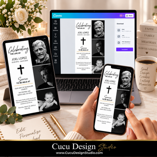 A digital memorial invitation template shown on a laptop, tablet, and smartphone held in a person's hand, with a warm home decor background including flowers, books, and a mug. The template features a black and white design with placeholder photos and text.