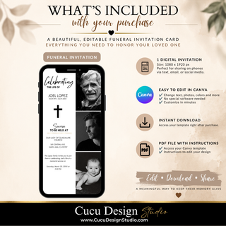 Promotional graphic for a digital Canva funeral invitation template, showing a smartphone mockup with a sample invitation design. The design uses a beige and black color palette with elegant typography and a portrait placeholder.