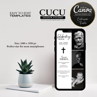 Electronic Funeral Announcement, Funeral Electronic Invitation for Smartphones, Electronic Celebration of Life invitation, Editable Evite, Cucu Design Studio, funeral template, Canva funeral,  funeral card online, in loving memory template, mobile funeral card, mobile custom funeral card, mobile memorial card, mobile celebration of life, mobile funeral card Spanish, mobile obituary card , recordatorio de difunto, aniversario luctoso, anuncio de funeral digital