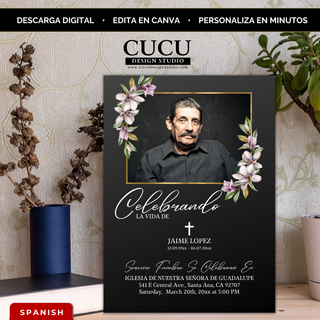 Invitación de funeral editable en Canva con fondo negro elegante, marco dorado y flores delicadas alrededor de la foto, diseño moderno para homenaje con descarga digital instantánea / Editable funeral invitation Canva template with elegant black background, gold frame and floral accents around photo, modern memorial design with instant digital download