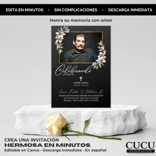Plantilla de invitación de funeral en exhibición sobre base de piedra con rosa blanca, diseño elegante listo para editar en Canva, ideal para crear homenaje en minutos / Funeral invitation template displayed on stone pedestal with white rose, elegant design ready to edit in Canva, perfect to create a tribute in minutes