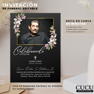 Invitación de funeral editable en Canva con opciones de personalización, cambia texto y fotos fácilmente desde celular o computadora, diseño sencillo y rápido / Editable funeral invitation Canva template showing customization features, easily change text and photos from phone or computer, simple and fast design