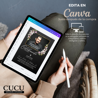 Plantilla de invitación de funeral editándose en Canva desde tablet, muestra facilidad de uso, edición rápida y acceso inmediato después de la compra / Funeral invitation template being edited in Canva on tablet, showing ease of use, quick editing and instant access after purchase