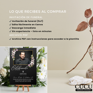 Incluye invitación de funeral 5x7 editable en Canva, descarga inmediata y archivo PDF con instrucciones, diseño listo para personalizar sin experiencia / Includes 5x7 funeral invitation Canva template, instant download and PDF instructions, ready to customize with no experience needed