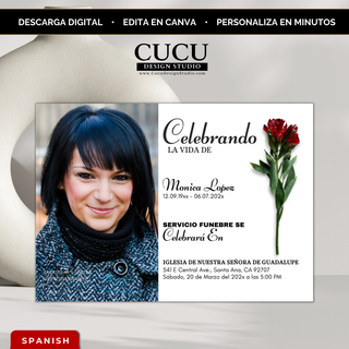 Invitación de funeral editable en Canva en español 5x7 con foto personalizada y flor roja elegante, diseño moderno y minimalista para homenaje con amor, descarga digital inmediata, fácil de editar e imprimir en casa, ideal para servicios religiosos católicos / Editable Spanish funeral invitation template 5x7 with custom photo and red flower, elegant modern minimalist design for memorial tribute, instant download, easy to edit and print at home, perfect for Catholic services