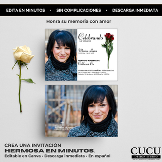 Plantilla de invitación de funeral en español editable en Canva con diseño elegante y vista frontal y trasera, incluye foto personalizada y flor roja, estilo sobrio con rosa blanca decorativa, descarga inmediata, fácil edición sin experiencia / Spanish editable funeral invitation template in Canva showing front and back design with custom photo and red flower, elegant style with white rose decor, instant download, easy editing with no experience needed