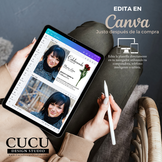 Invitación de funeral editable en Canva mostrada en tablet, diseño en español 5x7 con foto personalizada y flor roja, fácil de editar desde celular o computadora, descarga digital inmediata, plantilla moderna para crear homenaje en minutos / Editable funeral invitation in Canva shown on tablet, Spanish 5x7 design with custom photo and red flower, easy to edit on phone or computer, instant download, modern template to create memorial in minutes