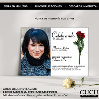 Invitación de funeral en español editable en Canva con diseño elegante minimalista, incluye foto personalizada y flor roja, crea un homenaje hermoso en minutos, descarga inmediata, fácil de editar y compartir digital o imprimir / Spanish funeral invitation editable in Canva with elegant minimalist design, includes custom photo and red flower, create a beautiful memorial in minutes, instant download, easy to edit and share or print
