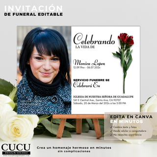 Invitación de funeral editable en Canva en español con diseño elegante y foto personalizada, plantilla 5x7 con flor roja y fondo floral suave, ideal para servicios religiosos y celebraciones de vida, descarga digital inmediata / Editable Spanish funeral invitation template 5x7 with elegant design, custom photo and red flower, soft floral background, ideal for memorial services and celebration of life, instant digital download