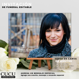 Plantilla de recordatorio de funeral en español editable en Canva con foto personalizada, cruz religiosa y nombre del ser querido, diseño elegante y emotivo, descarga inmediata, perfecta para homenajes y servicios conmemorativos / Spanish funeral memorial template editable in Canva with custom photo, religious cross and name, elegant emotional design, instant download, perfect for tribute and memorial services