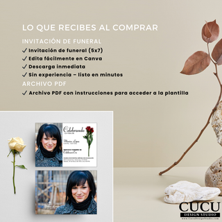 Invitación de funeral digital en español editable en Canva incluye archivo PDF con acceso a plantilla, tamaño 5x7, descarga inmediata, fácil de editar sin experiencia, ideal para crear invitaciones de memorial desde casa / Spanish digital funeral invitation editable in Canva includes PDF file with template access, 5x7 size, instant download, easy to edit with no experience, ideal for creating memorial invitations at home