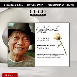 Invitación de funeral elegante en español con diseño minimalista, rosa blanca y foto de hombre mayor, plantilla editable en Canva 5x7, estilo limpio y moderno, descarga digital instantánea / Elegant Spanish funeral invitation with white rose, minimalist design and elderly man photo, editable Canva template 5x7, modern clean style, instant digital download