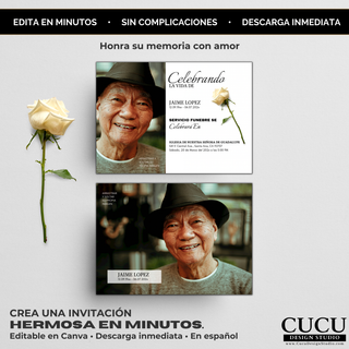 Plantilla de invitación de funeral en Canva con vista frontal y trasera, diseño elegante con rosa blanca y fotografía personalizable, editable en minutos, ideal para memorial en español / Spanish funeral invitation Canva template showing front and back design, elegant white rose style with customizable photo, easy to edit in minutes, perfect for memorial services