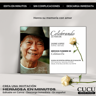 Invitación de funeral editable en Canva, diseño minimalista con rosa blanca y tonos neutros, crea un homenaje hermoso en minutos, descarga inmediata en español / Editable Canva funeral invitation with white rose and neutral tones, create a beautiful tribute in minutes, instant download Spanish template