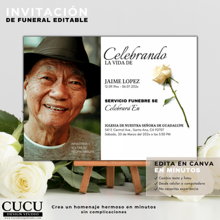 Invitación de funeral editable en Canva en español, diseño moderno con tipografía elegante y rosa blanca, plantilla 5x7 personalizable con foto y texto, descarga digital / Editable Spanish funeral invitation Canva template with elegant typography and white rose, customizable 5x7 card with photo and text, digital download