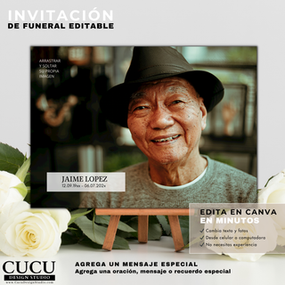 Tarjeta memorial de funeral con fotografía completa y espacio para mensaje especial, diseño elegante editable en Canva, ideal para agregar oración o recuerdo en español / Funeral memorial card with full photo layout and space for special message, elegant Canva editable design, perfect to add prayer or memory in Spanish