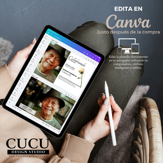 Plantilla de invitación de funeral editable en Canva desde tablet, celular o computadora, diseño elegante con rosa blanca, fácil de usar sin experiencia, descarga instantánea / Canva editable funeral invitation template shown on tablet, easy to customize on phone or computer, elegant white rose design, instant download
