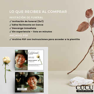 Invitación de funeral digital 5x7 editable en Canva, incluye archivo PDF con instrucciones, descarga inmediata, diseño elegante en español con rosa blanca / Digital funeral invitation 5x7 editable in Canva, includes PDF instructions file, instant download, elegant Spanish design with white rose